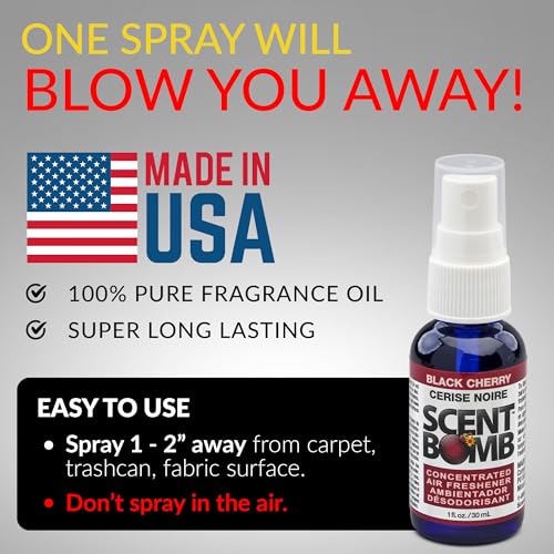 Image of Scent Bomb Air Freshener Spray, Long-Lasting Odor Eliminator - Effective Deodorizer for Home & Car, Fresh Room Spray for Kitchen, Bathroom & Smell Neutralizer - 1 oz Pack of 4, Black Cherry Scent