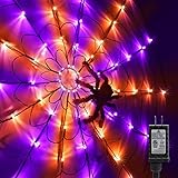 Lomotech Spider Web Lights with Black Spider, 4.26FT Diameter 84 LED Orange Purple Web Lights with 8 Modes, Waterproof with Timer Plugin for Halloween Decorations