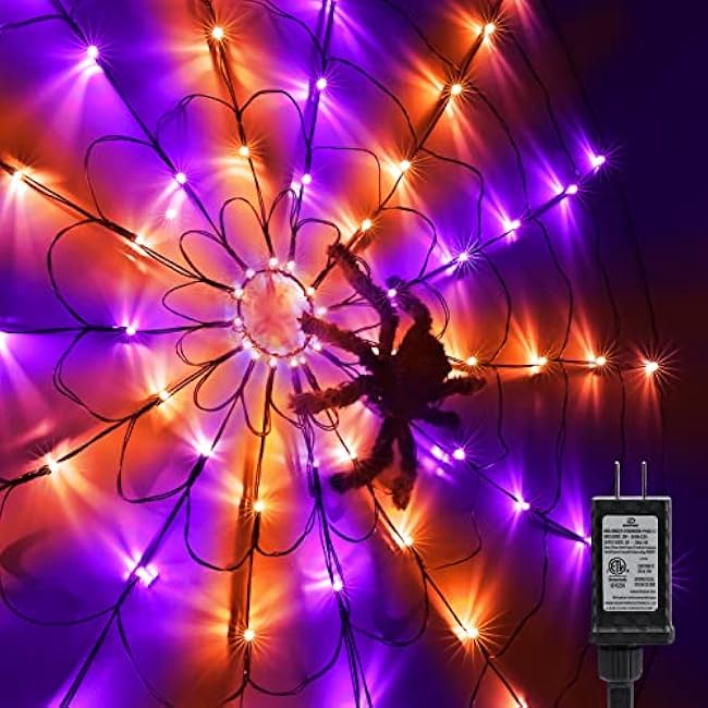 Lomotech Spider Web Lights with Black Spider, 4.26FT Diameter 84 LED Orange Purple Web Lights with 8 Modes, Waterproof with Timer Plugin for Halloween Decorations