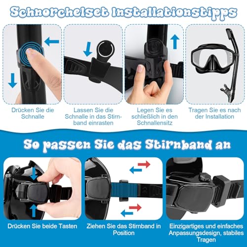 MILFECH Schnorchelset Erwachsene, SchnorchelnSet mit Taucherbrille und Trocken Schnorchel,Anti-Fog Anti-Leck Schnorchelmaske aus Gehärtetem Glas,für TauchenSchnorcheln Schwimmen,DrySchnorchel(Schwarz)