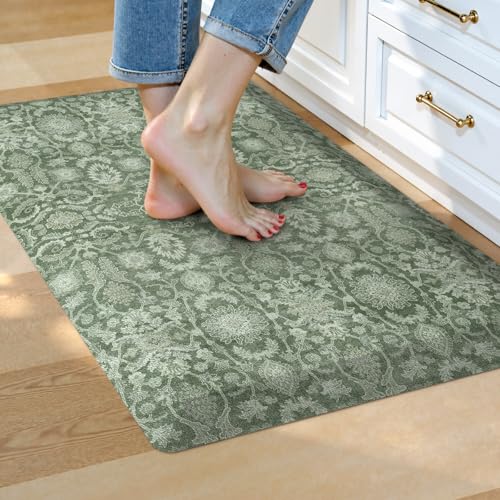 Collive Kitchen Mats Cushioned Anti Fatigue, Non Slip Waterproof Kitchens Floor Mat Green/Grey Vintage Floral Sink Rug, Comfort Desk Standing Rugs for Bedroom, Office, Laundry, 17.3''x28''