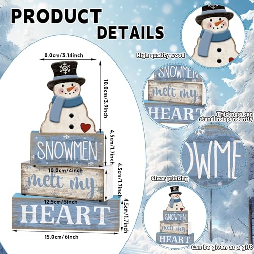 Image of Moucuny 4 Pcs Winter Table Decorations Blue and White Snowman Decor Winter Tiered Tray Decor Valentines Day Centerpiece Rustic Decorative Hat Snowman Block Signs Gift Farmhouse for Home Kitchen Shelf