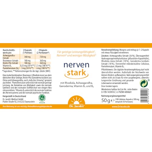 Dr. Jacob’s nervenstark Dose 50 g I für geistige Leistung und weniger Müdigkeit¹ I mit Ashwagandha, Rhodiola und Reishi, 100 pflanzliche Kapseln