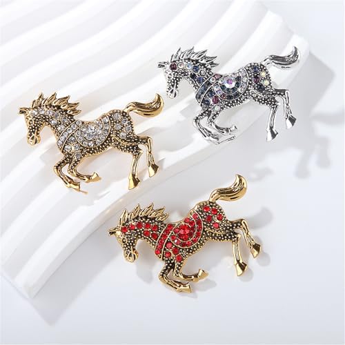 Image of Dreuyet Horse Brooch Pin Horse Racing Suit Lapel Pin for Women Men Rhinestone Antique Gold Horse Animal Brooch Clothing Outfits Accessory Jewelry