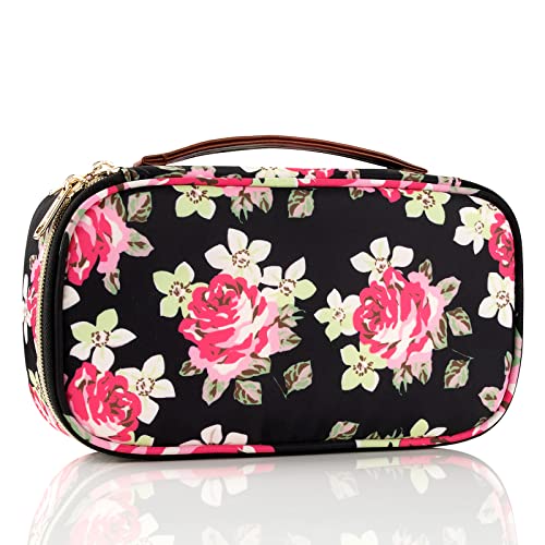 OCHEAL Small Cosmetic Bag,Portable Cute Travel Makeup Bag for Women and girls Makeup Brush Organizer cosmetics Pouch Bags-Black Floral