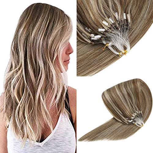 VeSunny 16inch 50G Loop Micro Ring Human Hair Extensions Two Tone #8 Light Brown Highlighted #22 Medium Blonde Micro Beads Hair Extensions Human Hair Remy Real Straight Hair 1g/s