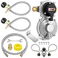 JKLESA RV Propane Regulator 2 Tank Hoses, 2-Stage Automatic Changeover LP Propane Gas Regulator with 60 Inch Stainless Braided Regulator Hose Assemblies with Gauge for RVs Vans Trailers Campers