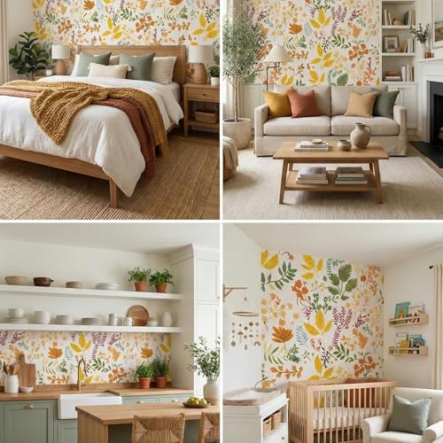 Image of Wallpaper for Walls | Vertical Wood Wall Stickers for Wall Decor | Self Adhersive Wall Paper for Home Kitchen Living Room and Bedroom | 45 Cm X 500 Cm | (Golden Botanical Bliss)