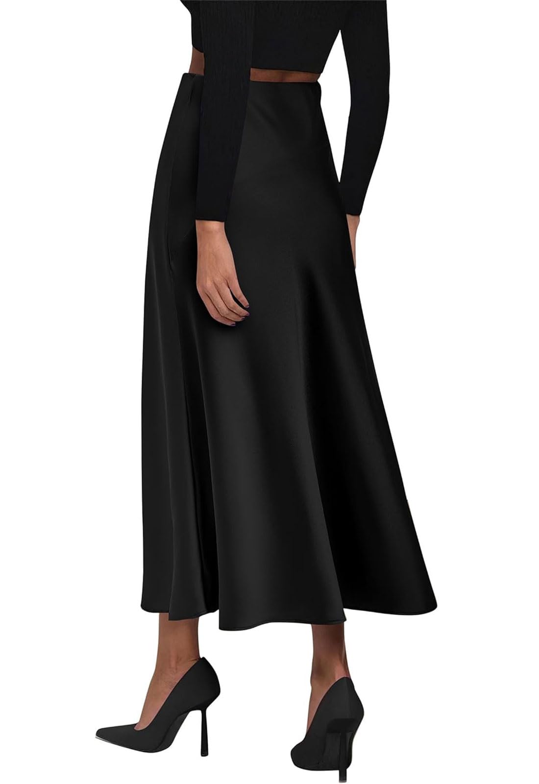 Genfien Jupe Femme en Satin Maxi Taille Elastique à Taille Haute Midi avec Fermeture éclair Élégante Casual