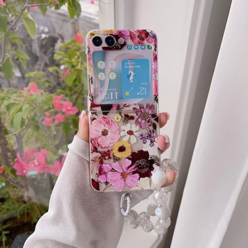 Coque Galaxy Z Flip 5 transparente motif fleur aquarelle avec bracelet