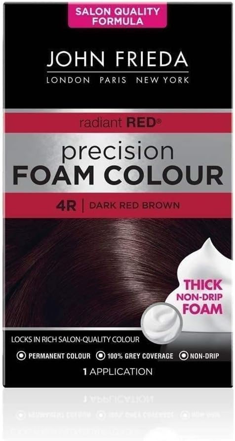 John Frieda Precision Foam Colour 4R, Salon-Finish Dark Red Brown Hair Dye, Permanent Dark Red Brown Hair Colour, 100% Grey Coverage