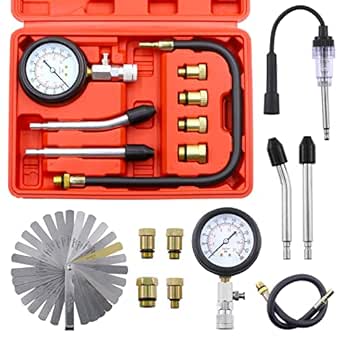 Swpeet 10Pcs Automotive Compression Tester Kit and Spark Plug Tester with Steel Metric and Imperial Feeler Gauge Assortment Kit, Universal Car and Motorcycle Engine Testing Tools