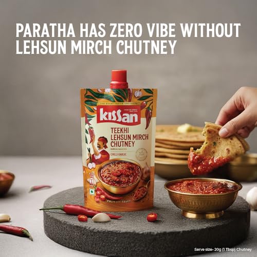 Image of Kissan Teekhi Lehsun Mirch Chutney, Chilli Garlic Chutney, 200g, For Traditional Rajasthani Flavors, With Mathania Red Chilli & Fresh Whole Garlic, Silbatta Like Texture, Ready To Eat (Pack of 3)