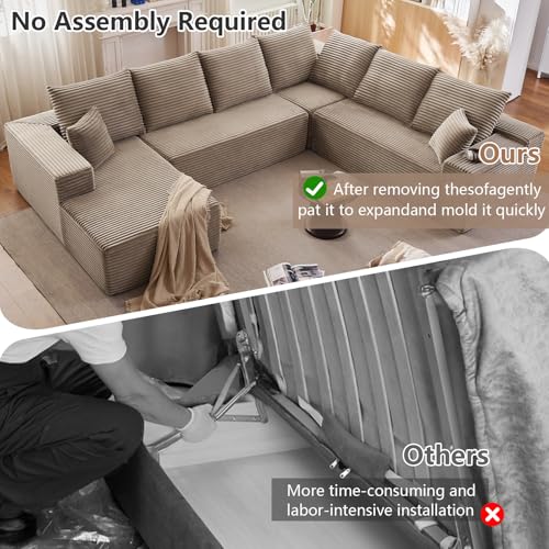 Image of Modern Modular Sectional Sofa, Big Comfy Corduroy Cloud Couch with Deep Seat, Boneless Couch Upholstered 6-Seater U-Shaped Sofa for Living Room, No Assembly Required (Camel, Left-Facing Chaise)