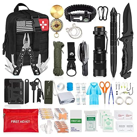 200Pcs Emergency Survival Kit and First Aid Kit Professional Survival Gear SOS Emergency Tool with Molle Pouch for Camping Adventures (Black)