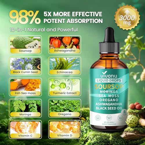Image of 10-in-1 Soursop Bitters Liquid Drops 3000mg, Soursop Drops with Ashwagandha, Black Seed Oil, Moringa, See Moss for Natural Antioxidant, Cell Support & Regeneration, Immune Boost, Rich In Vitamin D& C