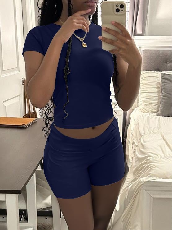 Image of AYWA Women's Two Piece Sets Summer Slim Fitted Short Sleeve Tops Foldover Shorts Matching Lounge Sets