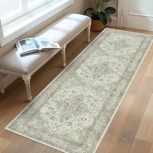 vivorug Runner Rug 2'x7' Vintage Floral Washable Non-Slip Runners for Hallways Kitchen Entryway Laundry Room Carpet Hallway Runner Sage Green