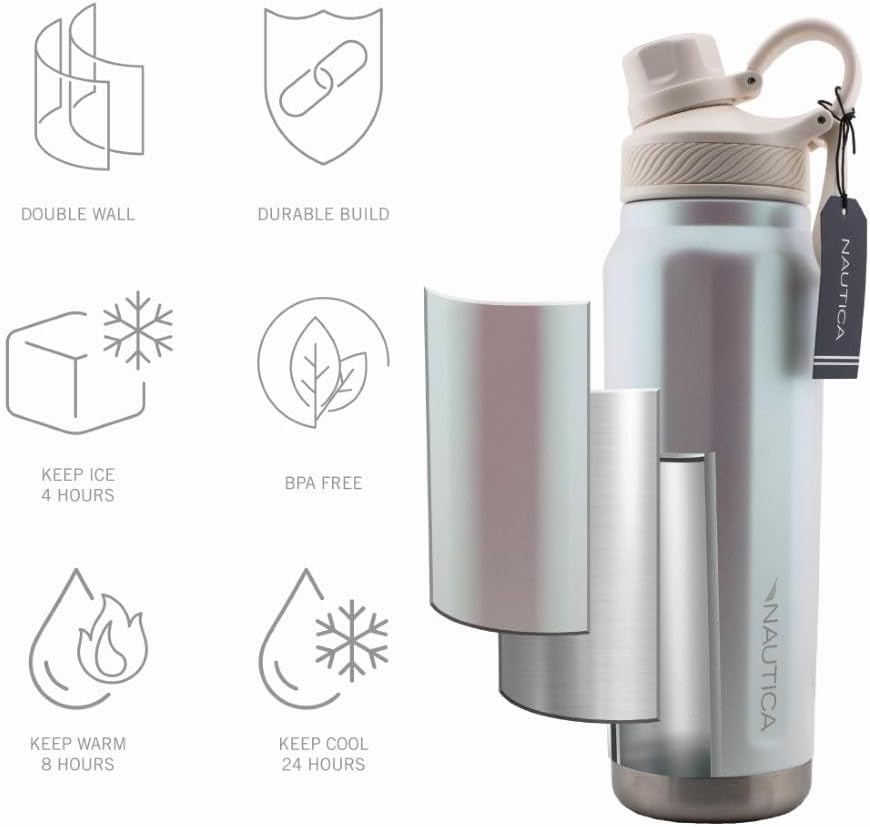 Nautica 25 oz hydration flask Double-Wall Vacuum Insulated Water Bottle Leak Proof & BPA Free (Iridescent Cream) - Image 4