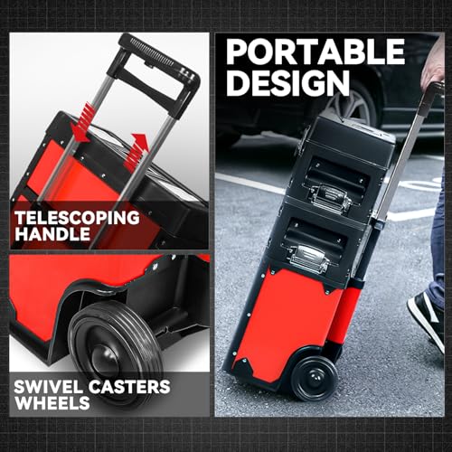 Image of Auto Dynasty Stackable Tool Box 3-Tier Tool Separate Organizer Rolling Tool Chest with Wheels 3-in-1 Upright Trolley for Garage or Workshop, Red