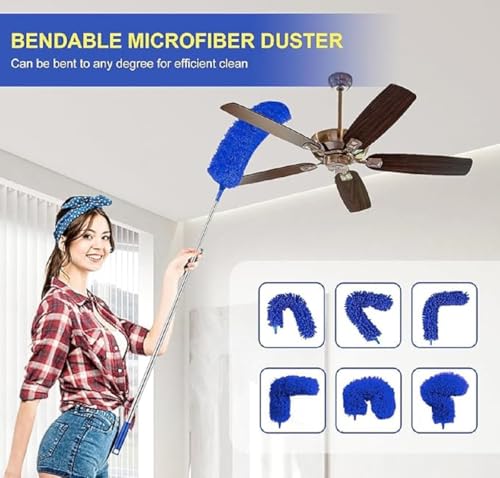 Image of 3 in 1 Microfiber Feather Duster 4PCS Bendable & Extendable Fan Cleaning Brush with 100 inches Expandable Pole Handle Washable Mop for High Ceiling Fans