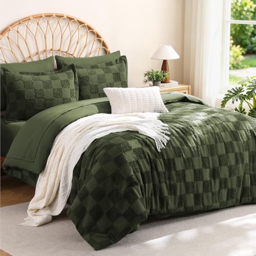 Image of MR&HM King Comforter Set 7 Pieces, Checkered Boho Bed Set Dark Olive Green | Farmhouse Vintage Bed with Plaid Geometric Design, All-Season Bed in A Bag Comforter with Sheets, Pillow Shams & Pillowcases