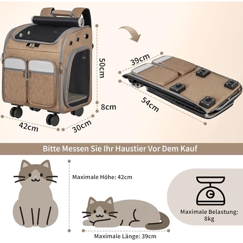 OUUTMEE Haustiertragetasche, Tragetasche mit Rollen, Katzentragetasche mit Rollen, für Katzen und kleine Hunde, 4-Wege-Handtasche, multifunktionaler Rucksack, atmungsaktiv Khaki