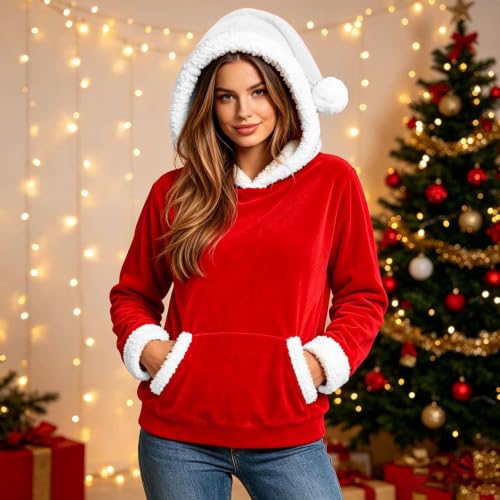 TRCELECTROP Christmas Sweatshirts for Women 2026 Long Sleeves Fleece Santa Hoodies Xmas Hooded Sweatshirt with Christmas Hat Watermelon Red - image 2