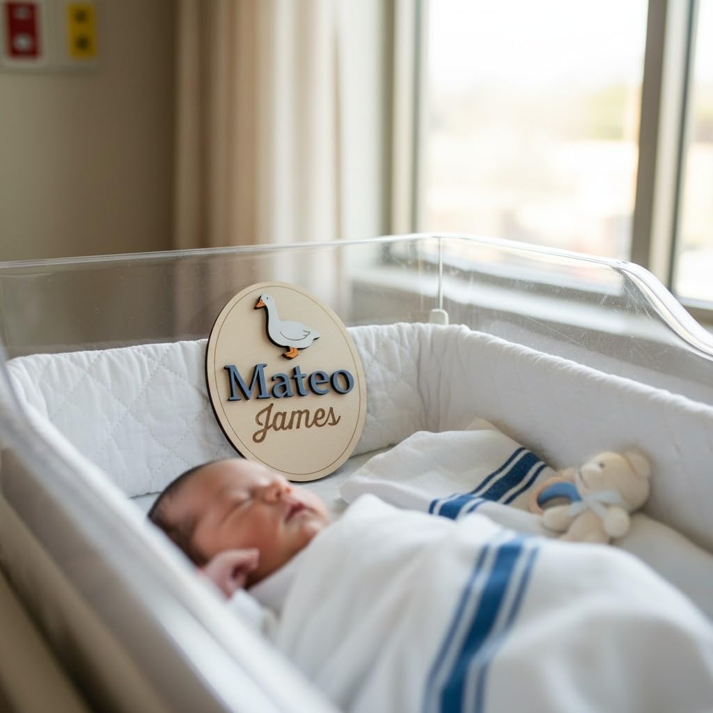 Personalized Baby Name Sign with Goose + Birth Stat Sign Set – Wooden Baby Announcement Sign, Custom Newborn Photo Prop for Hospital, Vintage look sign (Goose Name + Stat Sign Bundle)