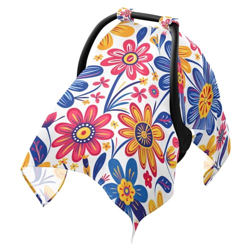 Dalzium Colourful Flower Patterns Car Seat Cover Baby Girl Boy, Carseat Canopy Cover Breathable Baby Carrier Cover Stroller Sun Shade Universal Fit Breastfeeding Cover