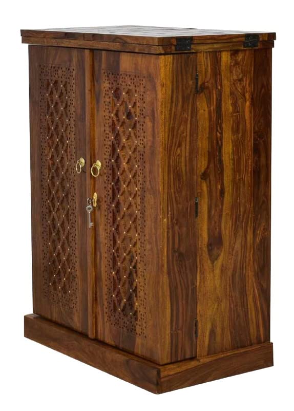 Image of Solid Sheesham Wood Bar Unit Cabinet With Storage Bottle Shelve & Built-in Glass Holder Brass Studs Drink Wine Rack Organizer For Living Room Home & Lounge Dining Cupboard Liquor Furniture