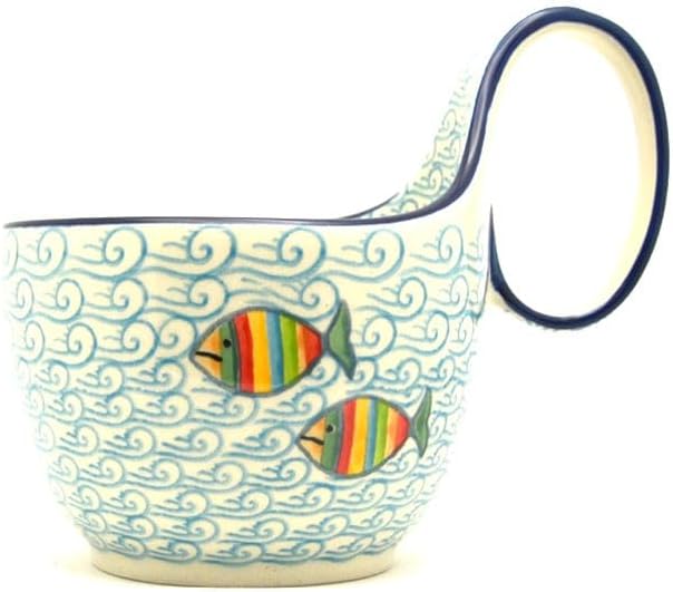 Polish Pottery Loop Handle Bowl - Rainbow Fish