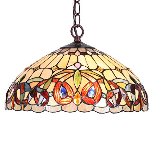 Capulina Tiffany Pendant Light 2 Light 16" Wide Cream Brown Style Stained Glass Hanging Lamp For Kitchen Island Dining Room Hallway Foyer(Adjustable Height) #TOP17