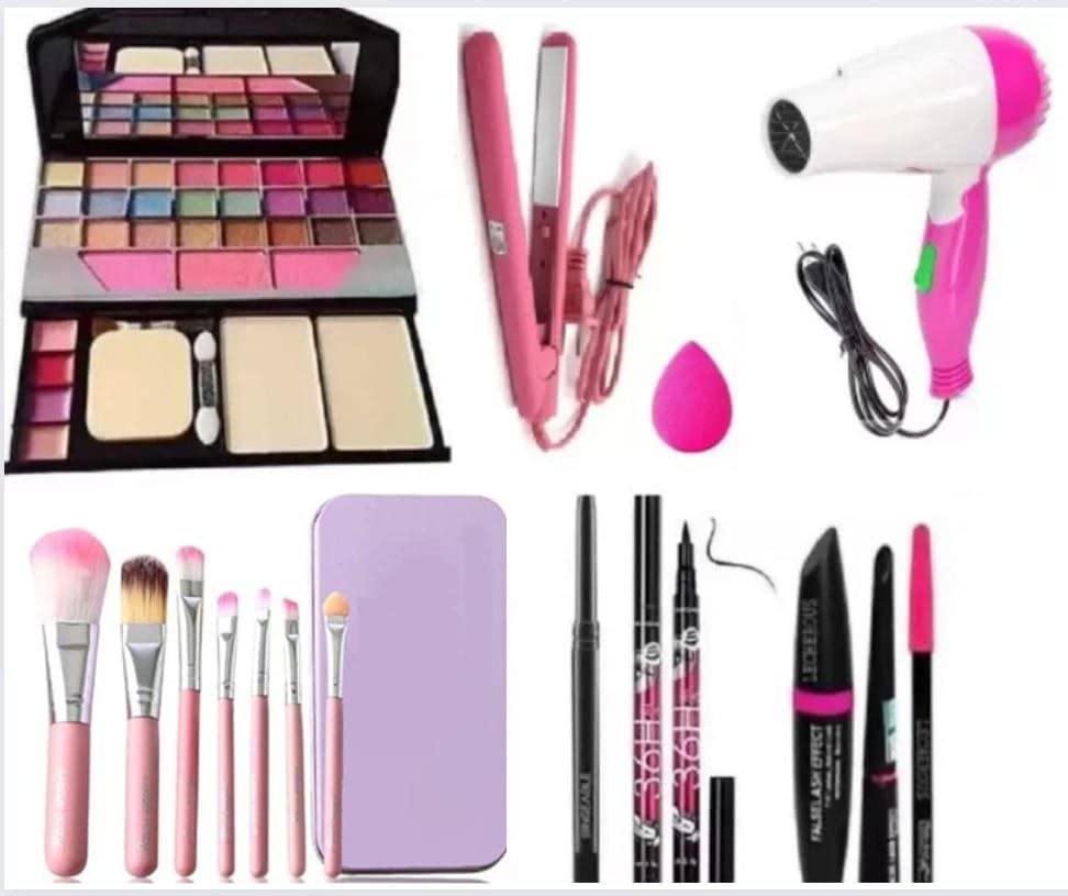 TYA 6155 Makeup Kit with 7 Pink Makeup Brushes Set, 1 Hair Dryer, 1 Mini Hair Straightener, 3in1 Eye Combo, 36H Eyeliner, 1 Kajal and 1 Pink Beauty Blender - (Pack of 16)