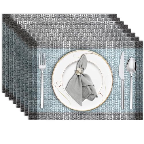 Niviy Blue Grey Ethnic Boho Placemats Set of 8, 12x18 Inch Linen Burlap Washable Durable Art Table Mats for Holiday Party Kitchen Dining Room Decoration