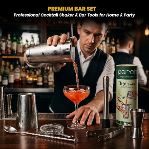 Image of O' Holic by Perch Elite Bartender Kit 6 Piece Cocktail Shaker Set, Stainless Steel Mixology Bar Tool Set with Jigger, Strainer, Muddler, Bar Spoon & Ice Tongs, Home Bar Accessories Gift Set |Silver