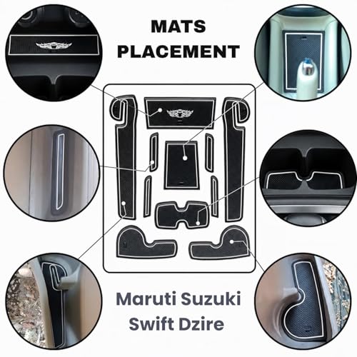 Image of Car Drome | Door Cup Mat Set for Maruti Suzuki Swift Dzire 2018 Onwards | Premium Non-Slip Rubber Inserts | Custom Fit 11 Pieces | White Trim Interior Car Accessories | Dustproof & Waterproof