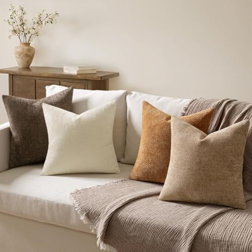 Image of MIULEE Pack of 4 Brown Couch Throw Pillow Covers 22x22 Inch Soft Decorative Chenille Pillows Farmhouse Accent Cushions for Boho Home Decor Spring Sofa Bedroom Living Room