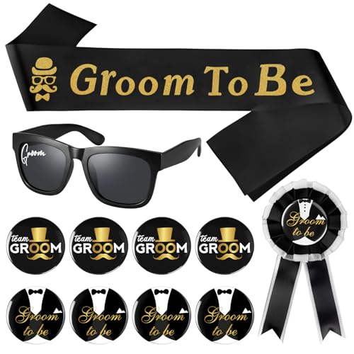 Dazzroi 11Pcs Stag Do Accessories Set Black Gold Groom to Be Sash Badge Set Includes Black Glasses Groom Sash Corsage Badges for Men Bachelor Party Bridegroom Wedding Last Night Celebration