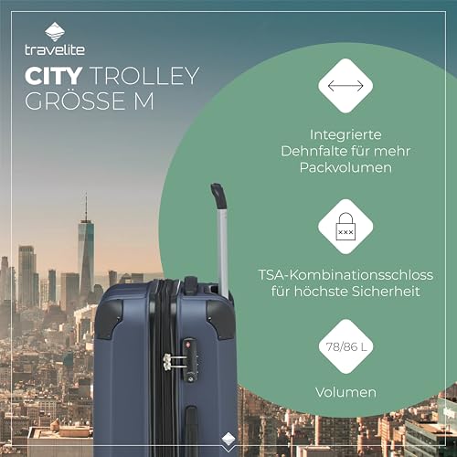 Travelite Hartschalenkoffer mittelgroß, erweiterbar, 4 Rollen, City, Trolley mit kratzfester Oberfläche, TSA Schloss, Dehnfalte, 68 cm, 78-86 Liter