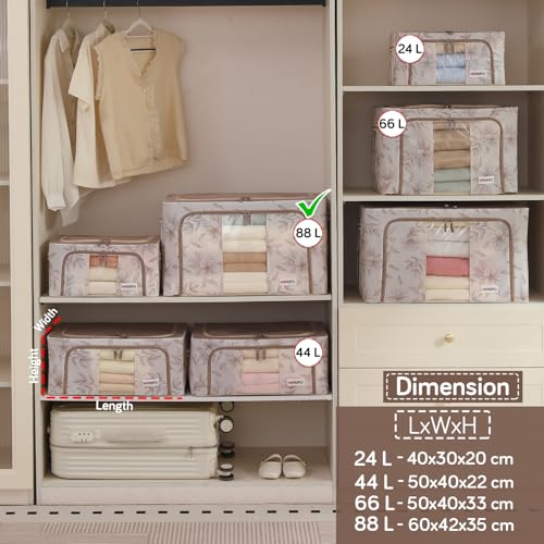 Image of HOKIPO 88L(XL) Folding Storage Box and Organiser for Clothes, 600D Oxford Fabric Storage Box, Latte Floral Pack of 1 (AR-6487-LBR)