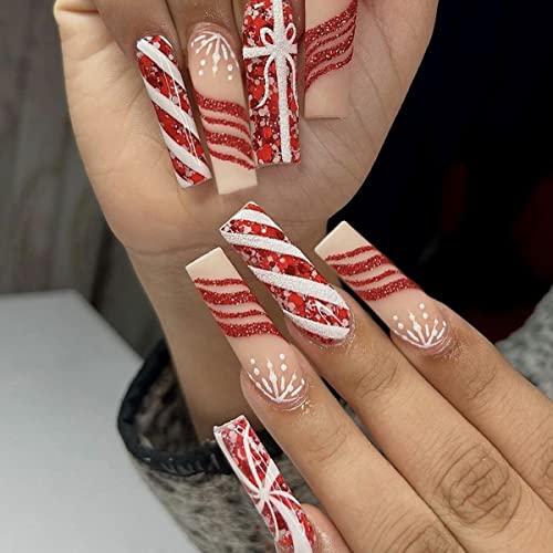 Press on Nails Long Christmas Fake Nails Gifts Designs Full Cover Red Acrylic False Nails for Women and Girls Christmas Winter Nail Art Decoration 24Pcs
