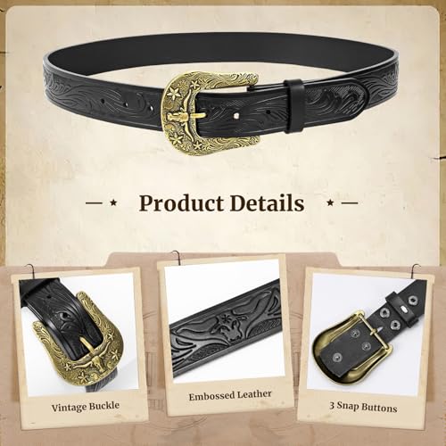 SANSTHS Western Belts for Men Women, Adjustable Mens Cowboy Country Belt for Pants Jeans with Vintage Engraved Leather3