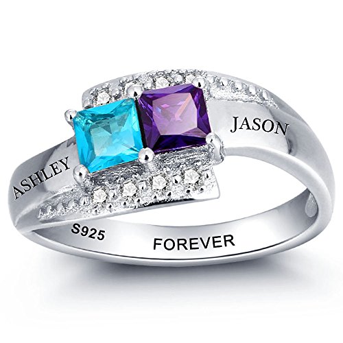 JewelOra Personalized Promise Rings for Her with 2 Simulated Birthstones Name Rings for Couples Wedding Engagement Band (7.5)