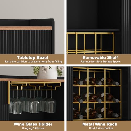 Image of ARTPOWER 48 inch Wine Bar Cabinet with Fluted Texture, Modern Buffet Sideboard with Wine Rack and Glass Holder, Liquor Coffee Station with Storage for Kitchen, Living Room, Home Bar, Black