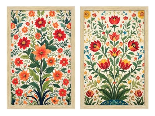 Image of ArtX Paper Flowers Art Paintings with Frame for Home Decor, Floral Wall Painting for Living Room, Multicolor, Natural Wood Color Frames, Set of 2