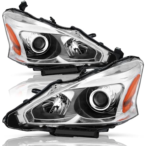 TUSDAR Upgraded Lens Headlights Assembly Fit for 2013-2015 Nissan Altima Halogen Headlamps Replacement Chrome Housing with Amber Reflector