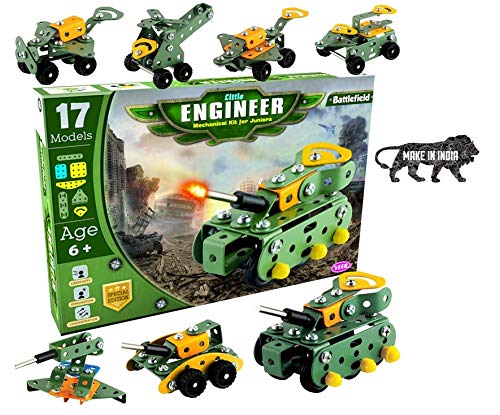 Cloudecart Metal Little Engineer Brain Booster Mechanical Kit (17 Models) For Creative Junior Kids Age 6 Years And Above (Battlefield Tank)