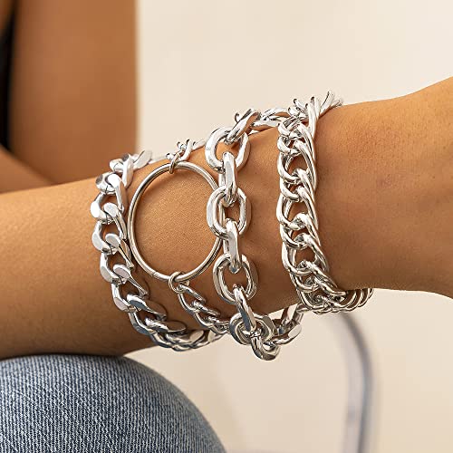Image of Silver Chunky Chain Bracelet Trendy Wristband Set Open Cirlcle Charm Hand Accessories Punk Fashion Jewelry (Silver)