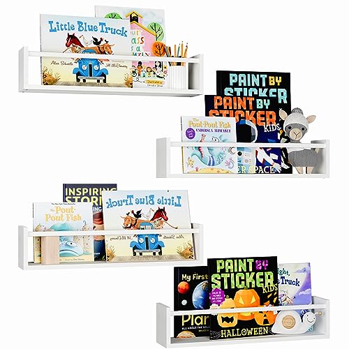 Image of Fixwal Nursery Book Shelves, 16.5 Inch Floating Bookshelves for Nursery Decor & Playroom Decor, Set of 4, Solid Wood Wall Mounted Shelves for Books, Toys and Decor Storage (White)